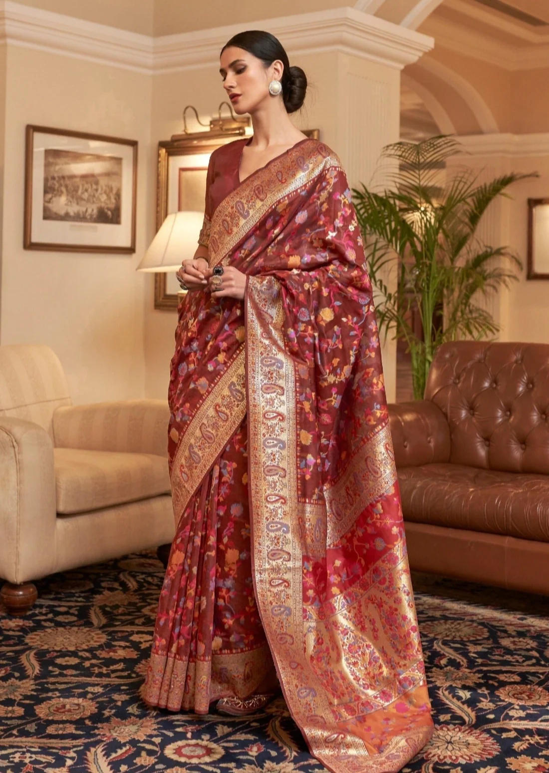 Kashmiri Pashmina Maroon Red Bridal Silk Saree